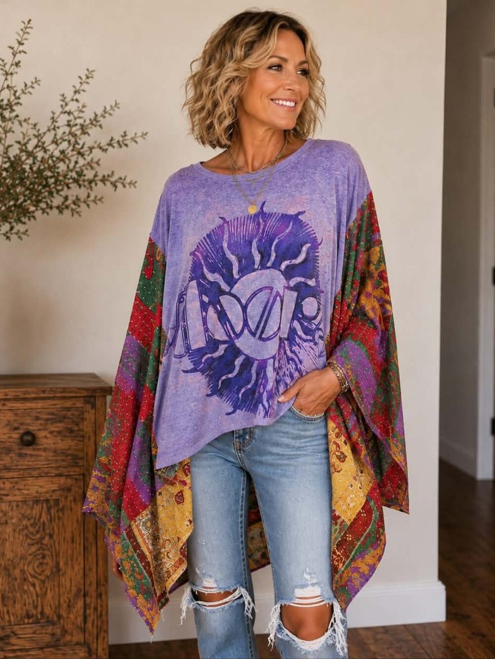 The Doors Purple Graphic Kantha Tunic with Colorful Patchwork Drape Tunic